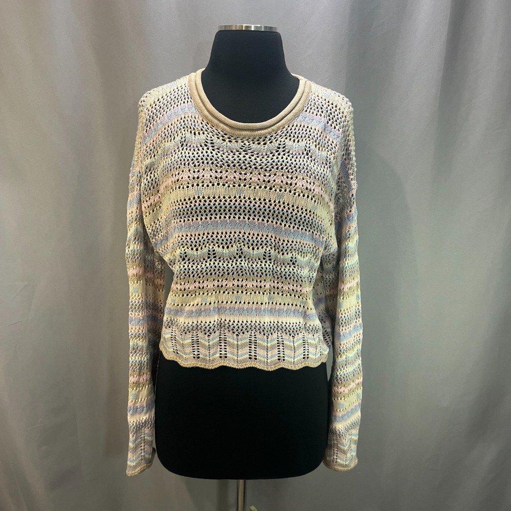 Mooloola Dream Catcher Crochet Sweater Womens M Multicolor Striped Scalloped Hem